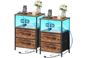TRIFEBLE Nightstands Set of 2, Night Stand with Charging Station and Led Lights, Bedside Table with 2 Fabric Drawers for Bedroom, Small Side End Table with Open Shelf, Rustic Brown