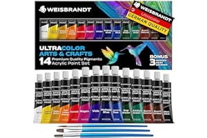 WEISBRANDT Ultra Color Arts & Crafts Acrylic Paints, 14 Colors, Premium Quality Pigments, Matte Finish, 0.4oz/12 ml, Water-Based Acrylic Paint Set, for all Porous Surfaces