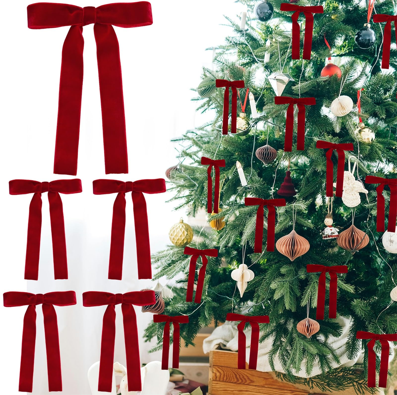 Photo 1 of 24pcs Red Velvet Bows for Christmas Tree, Large Ribbon Christmas Tree Bows, Red Velvet Bow Ornaments for Christmastree Gift Wrapping with Gold Twist Ties