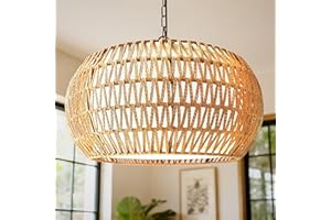 5-Lights Boho Rattan Chandelier for Dining Room, 18" Farmhouse Chandelier Light Fixtures with Fabric Shade, Large Hand Woven 