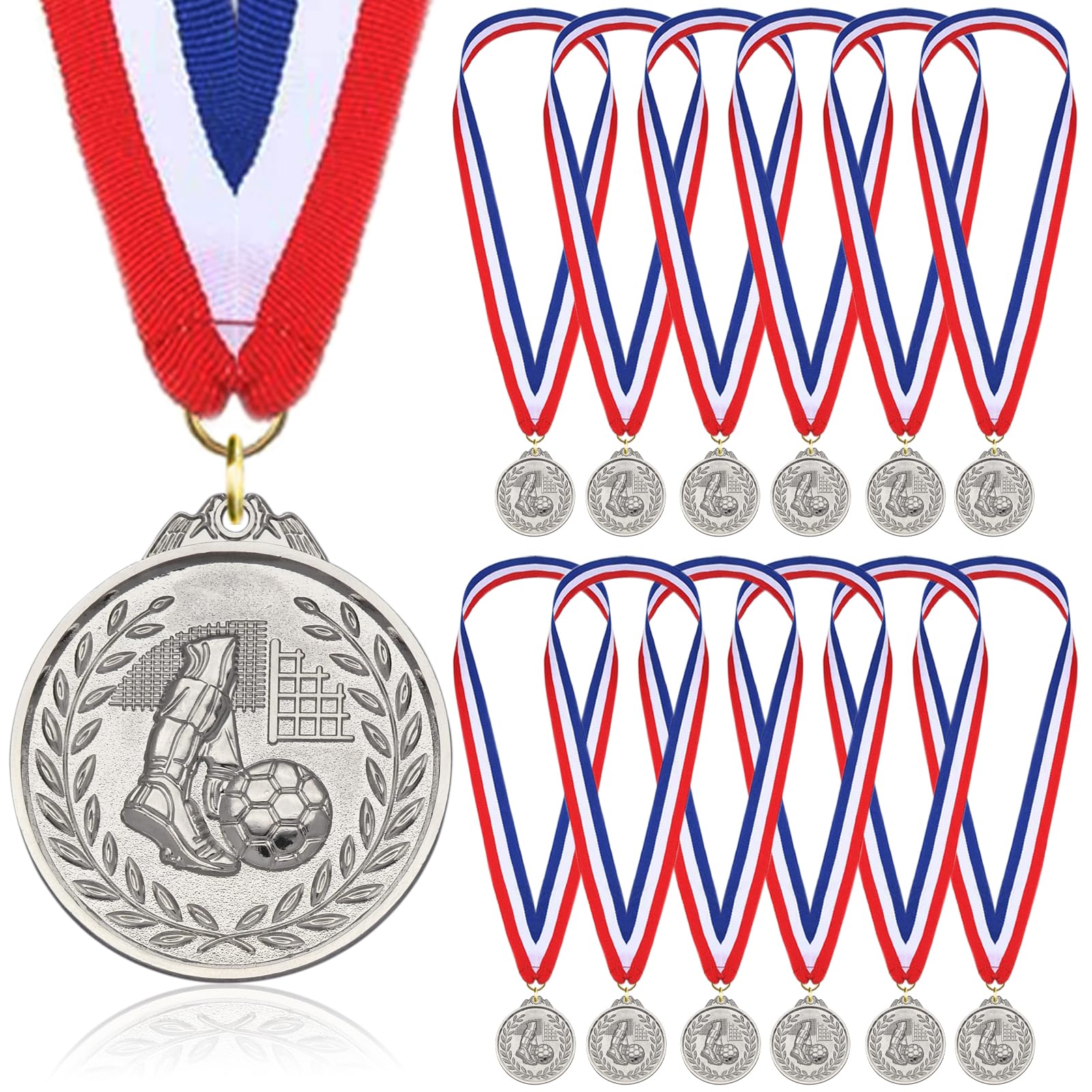 Donrime Football Medals for Kids, 12-Pack of Silver Metal Medal with Tricolour Nylon Ribbon, Football Party Favours for Boys Children Adults