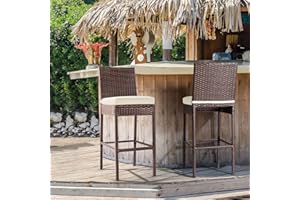 PATIO NOVAGARDEN Outdoor Bar Stools Wicker Woven Patio Stools & Patio Bar Chairs Set of 2 Counter Bar Height Stools with Footrest Armless Cushion Beige All Weather Rattan Garden Stool for Pool Lawn Porch Backyard