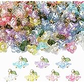DanLingJewelry 70Pcs 7 Colors Acrylic Lily Flower Charms Double Transparent Lily of The Valley Bell Flower Dangle Pendants with Leaf for Jewelry Making DIY