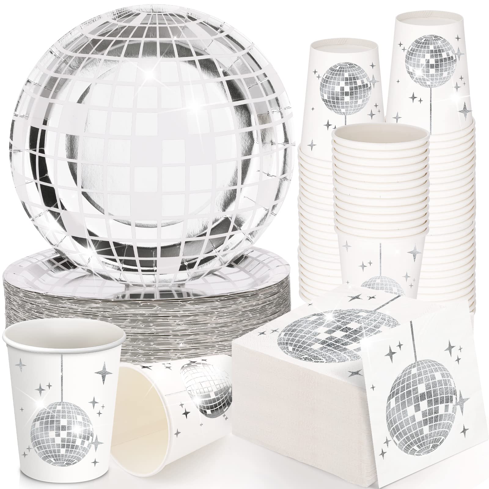 Photo 1 of Gerrii 150 Pcs 70s Disco Party Supplies Silver Disco Ball Paper Dinner Plates, Paper Cups, Cocktail Napkins for Wedding Picnic Travel(White and Silver)