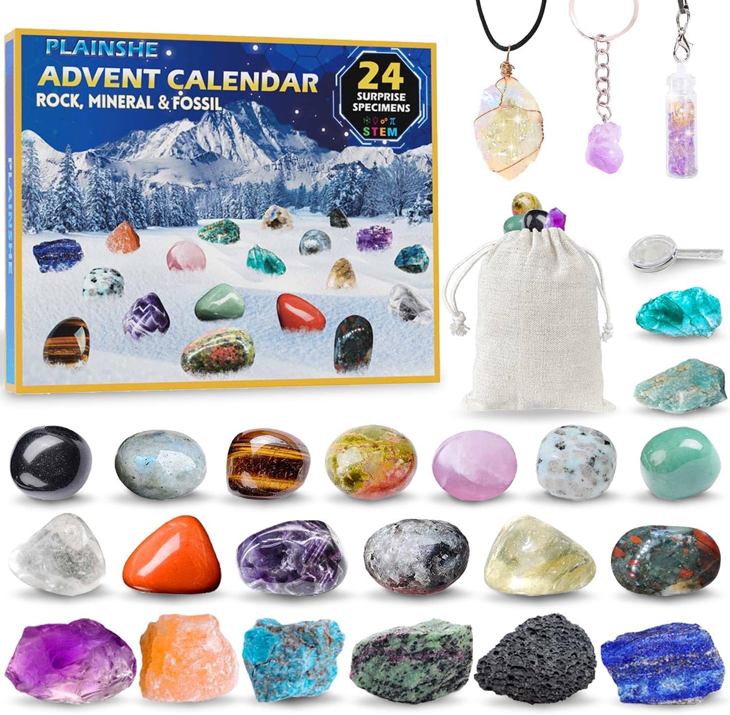 Advent Calendars - Advent Calendar 2023, Rock Collection Advent Calendar, Advent Calendars for Kids with 24 Gemstones, Minerals & Fossils, 24 Days Christmas Countdown Calendar with Gem Keychain, Necklace & Wishing Bottle