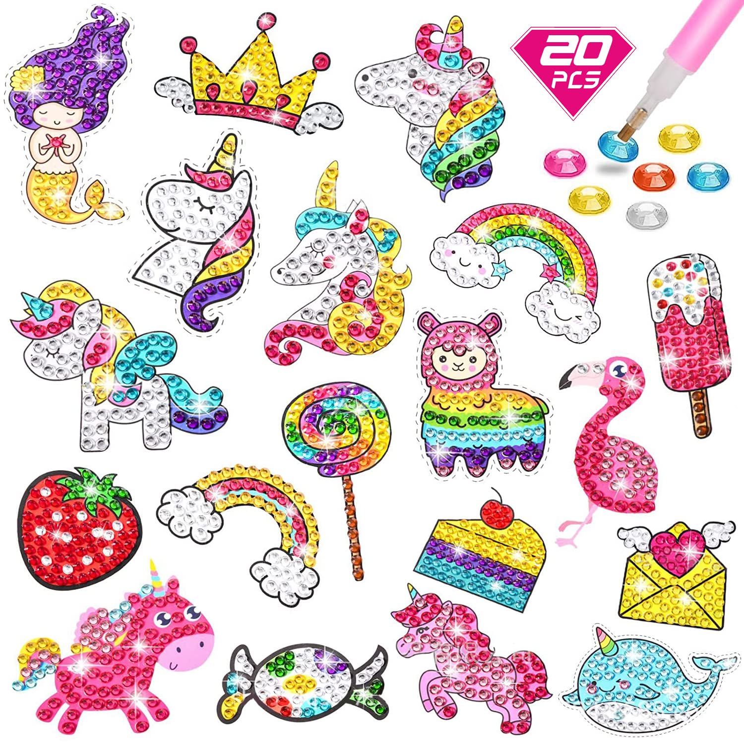 CAYUDEN Diamond Painting Stickers, 20pcs Uni Corn Diamond Painting Accessories 5D Diamond Art for Kids DIY Gem Stickers Kit Diamond Mosaic Kits Gem Arts and Crafts for Kids Age 6 8 10