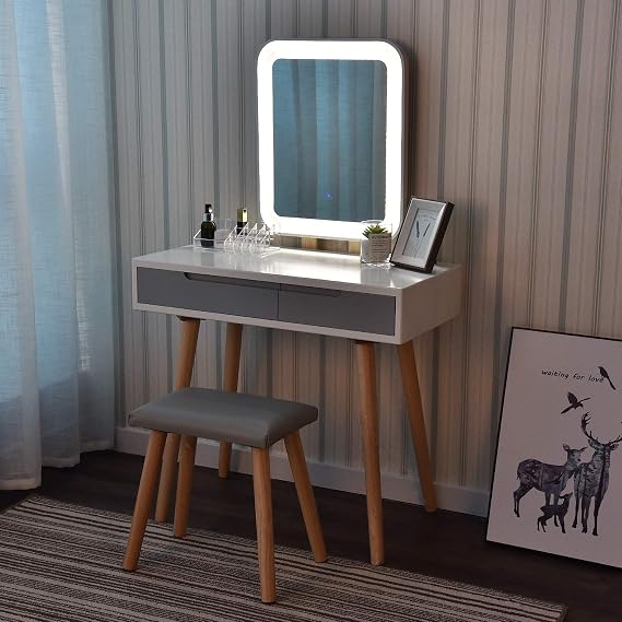 YOURLITE Coiffeuse Miroir LED – Table Maquillage Avec Prise USB, 2 Tiroirs, Armoire Latérale, Support Sèche-Cheveux, Verre & Lumière Réglable