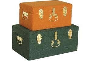 HofferRuffer Velvet Storage Trunk with wood Frame, Set of 2 bedroom Storage Chest with Handles, Organizer Decorative Box Hinged Lid with Gold Hardware Accents (Orange/Green)