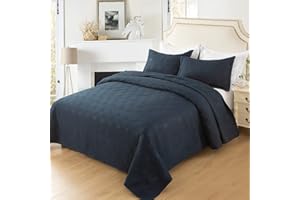 Hygge Hush Summer Quilt Set, Twin Size Navy Blue L Pattern 2 Pieces Quilt Set, Oversized Modern Style Bedspread Set for All Season (1 Quilt & 1 Pillow Shams)