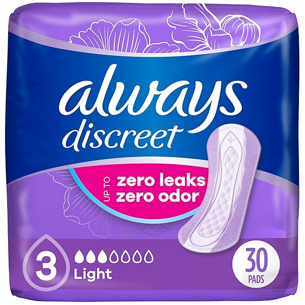 ALWAYS DISCREET, INCONTINENCE & POSTPARTUM LINERS FOR WOMEN, SIZE 3, LIGHT ABSORBENCY, REGULAR LENGTH, 30 COUNT