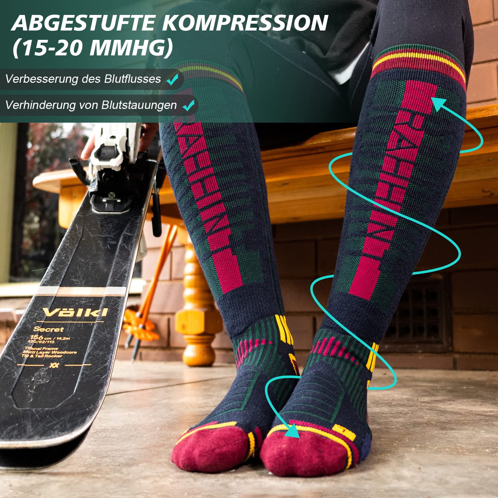 Rahhint Skisocken aus Merinowolle Thermosocken Wintersocken Warme Dicke Kniestrümpfe Kompressions Snowboardsocken, Kniehohe,für Herren und Damen, Größe 35-51，2 Paar 5