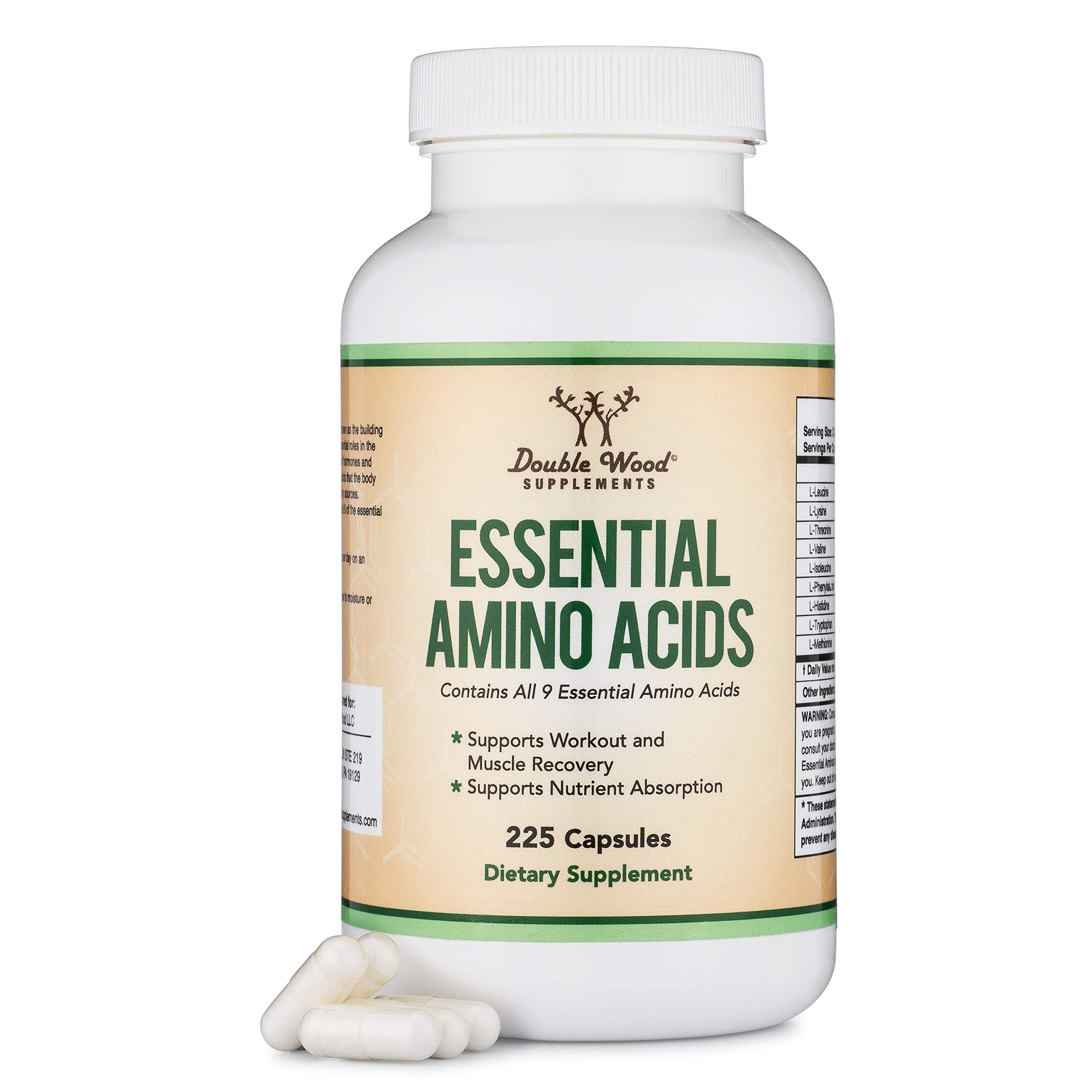 Double Wood Supplements Essential Amino Acids - 1 Gram Per Serving Powder Blend of All 9 Essential Aminos (EAA) and All Branched-Chain Aminos (BCAAs) (Leucine, Isoleucine, Valine) 225 Capsules, Gluten Free by Double Wood
