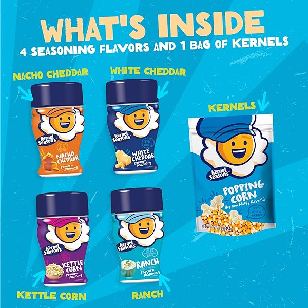 KERNEL SEASON’S MOVIE NIGHT SUPPLIES, POPCORN AND SEASONING PARTY PACK, 4 FLAVOR VARIETY PACK