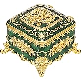 Hipiwe Vintage Jewelry Box Small Trinket Storage Organizer Box Gold Metal Chest Ring Case Treasure Chest Square Keepsake Boxes for Earrings Necklace Gift for Women,Green