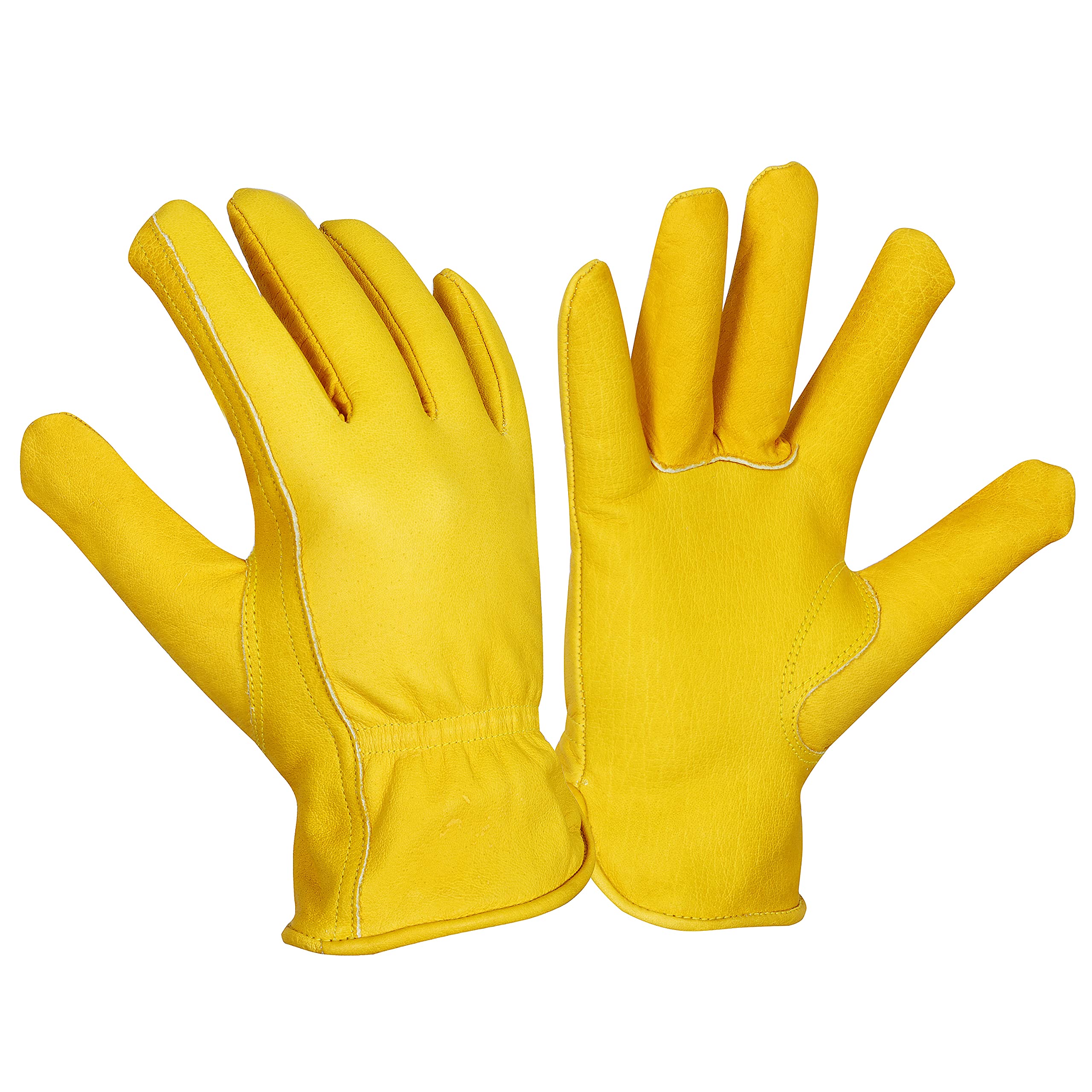Work Gloves Cowhide Grain Premium Leather Yellow Work Driver Gloves With Elastic Wrist Closure And Inside Fleece Lining General Purpose Utility, Driver, Rigger, Safety, Gardening (11(x-large))