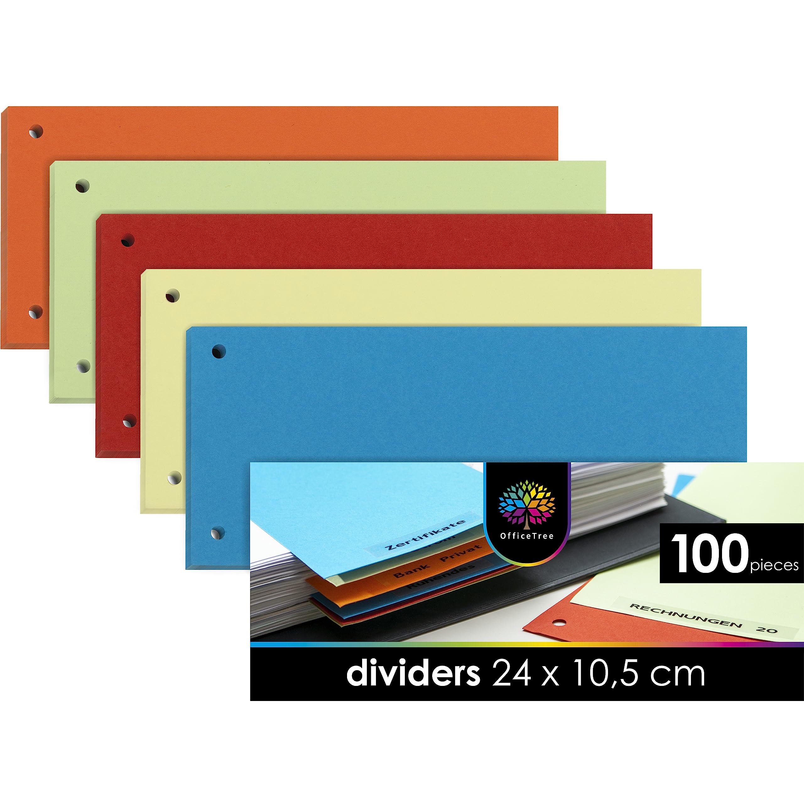 OfficeTree 100 x Dividers for A4 Folders, Colourful, Divider Strips, 180 g/m², Perforated, Perfect for A4 and A5 Index DIN A4