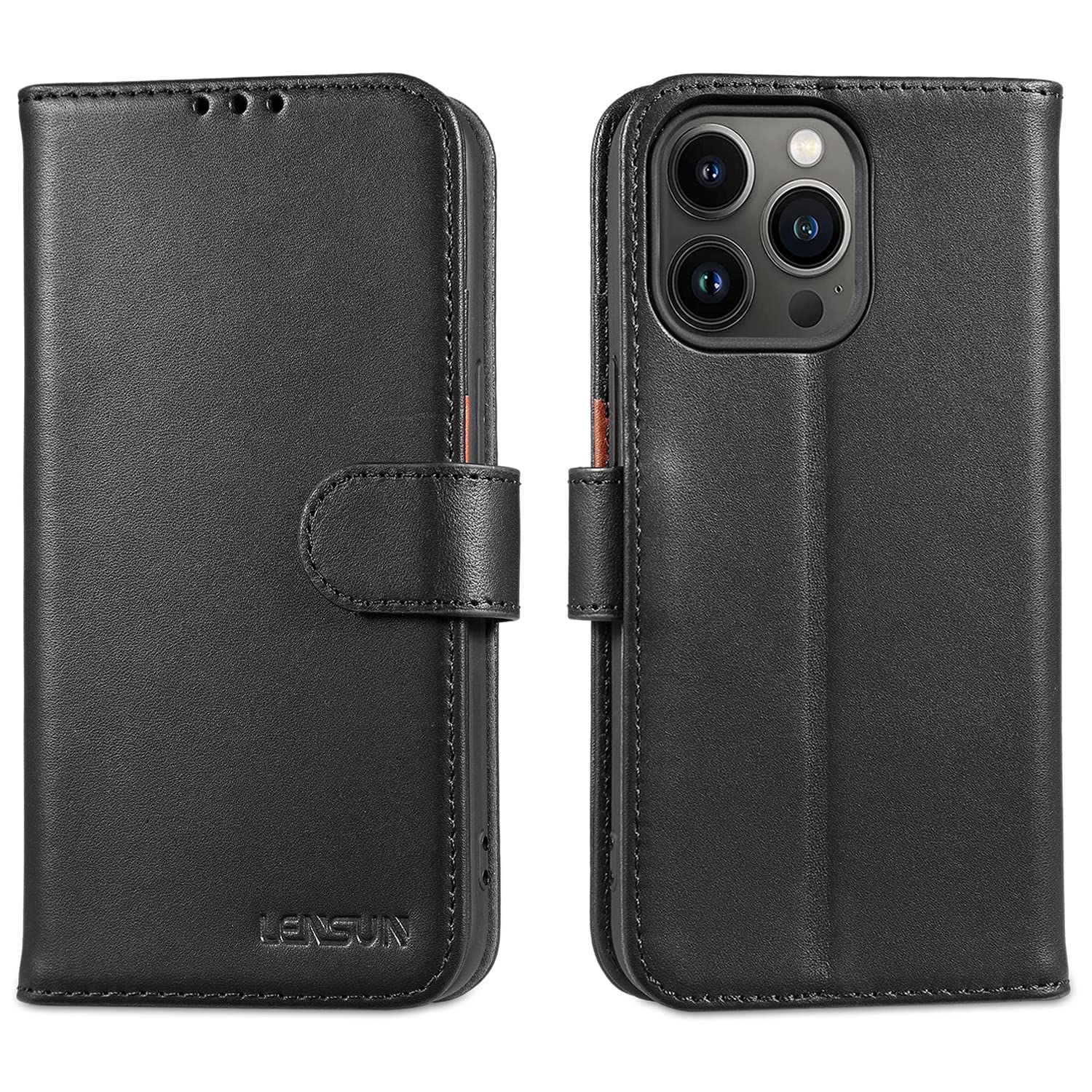 LENSUN Case for iPhone 13 Pro, Genuine Leather Wallet Flip Phone Cover [RFID Blocking] with Card Holder and Magnetic Closure Compatible with Apple iPhone 13 Pro - Black — image 1