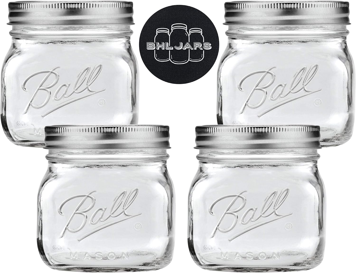 Ball 16 oz Collection Elite Wide Mouth Glass Mason Jars Bundle with Non Slip Jar Opener- Set of 4 Pint Size Mason Jars - Canning Glass Jars with Lids and Bands