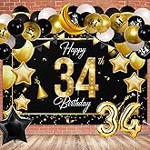 Happy 34th Birthday Backdrop Banner Decor with Balloons Arch Garland Kit Black and Gold - Glitter Cheers to 34 Years Old Birthday Party Theme Decorations for Men Women Supplies