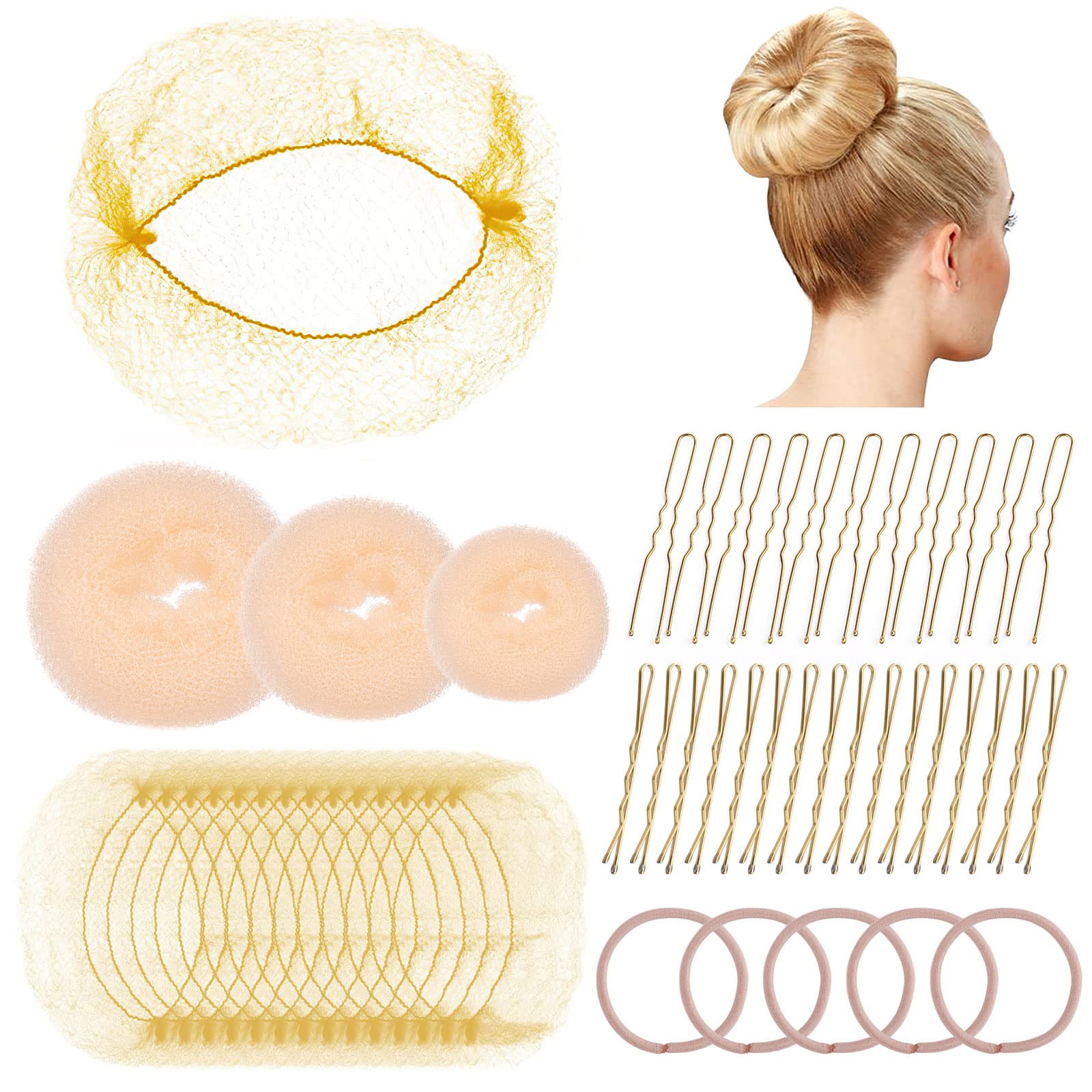 Tikplus Gold Easy Hair Styling Tools, 68PCS Hair Bun Net, Include Ballet Hair Nets, Hair Doughnut, U Shaped Hair Pins, Bobby Pins & Hair Bands, Hair Bun Maker, Bun Rings Women Girls Hair Accessories — image 1