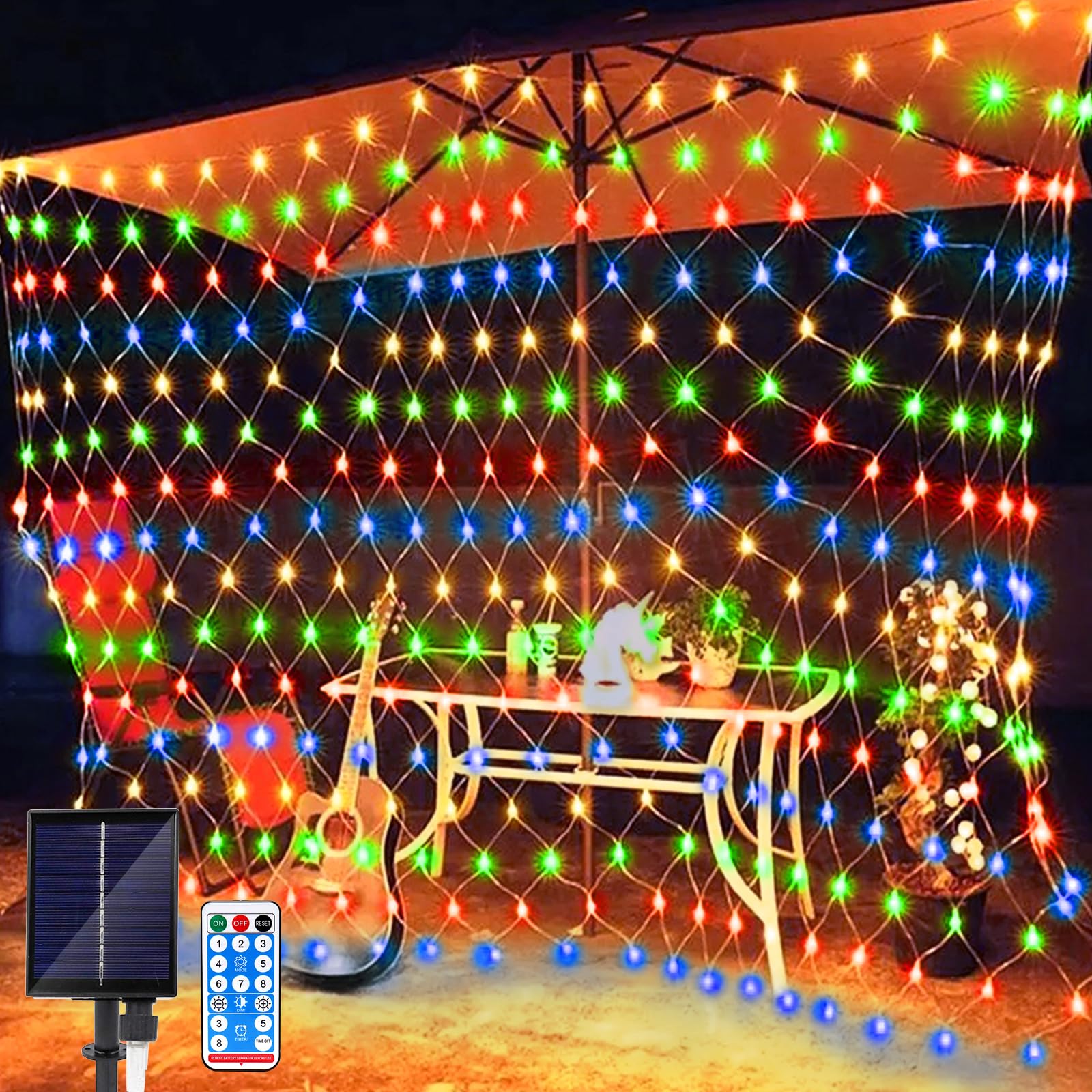 Micacorn Solar Net String Lights Christmas Lights 1.5 x 1.5M Mesh Fairy String Lights 8 Modes 96 LEDs Net Light with Remote Weatherproof Curtain Lights for Garden Christmas Wedding Party Decorations