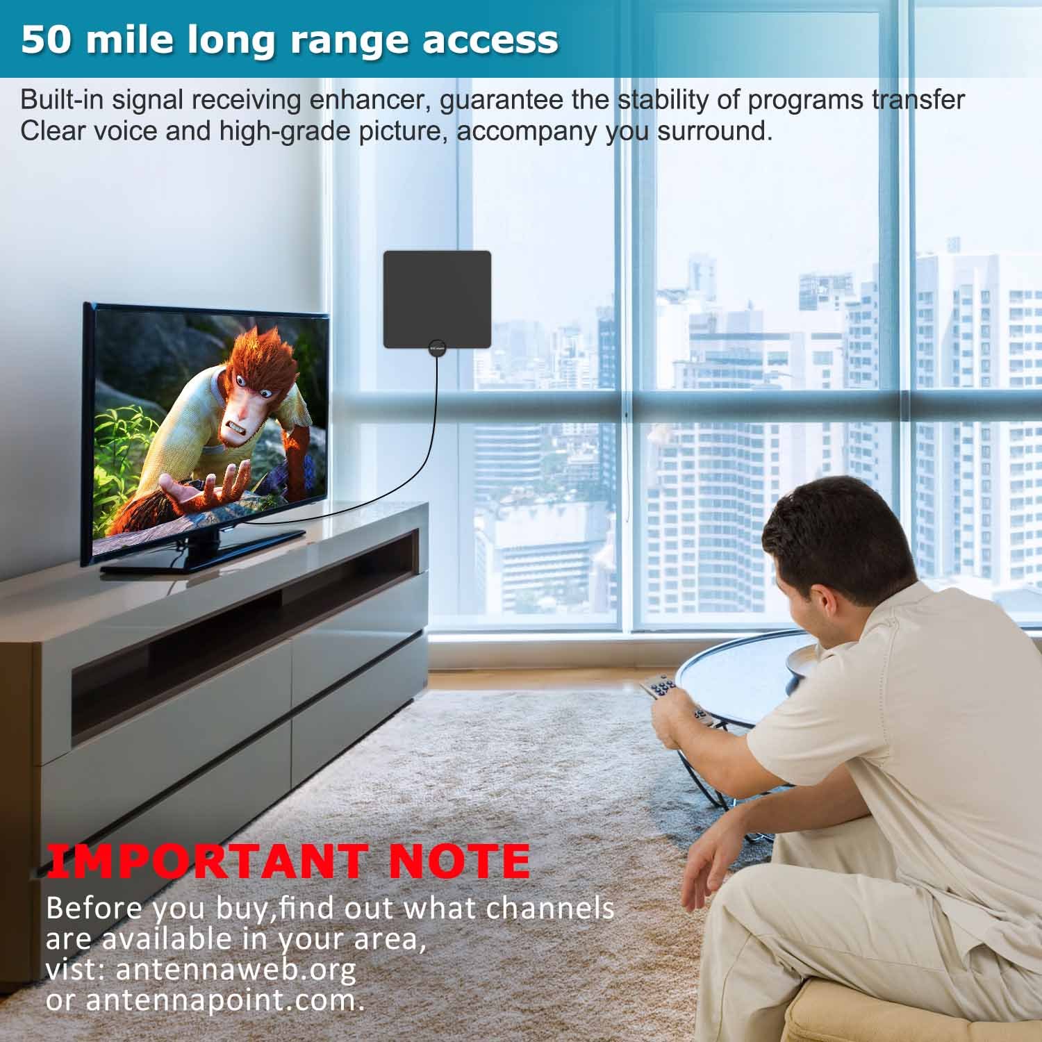 Amplified HDTV Antenna-Ecandy 50 Miles Range Digtial HD Antennas with 13ft Copper Coaxial Cable