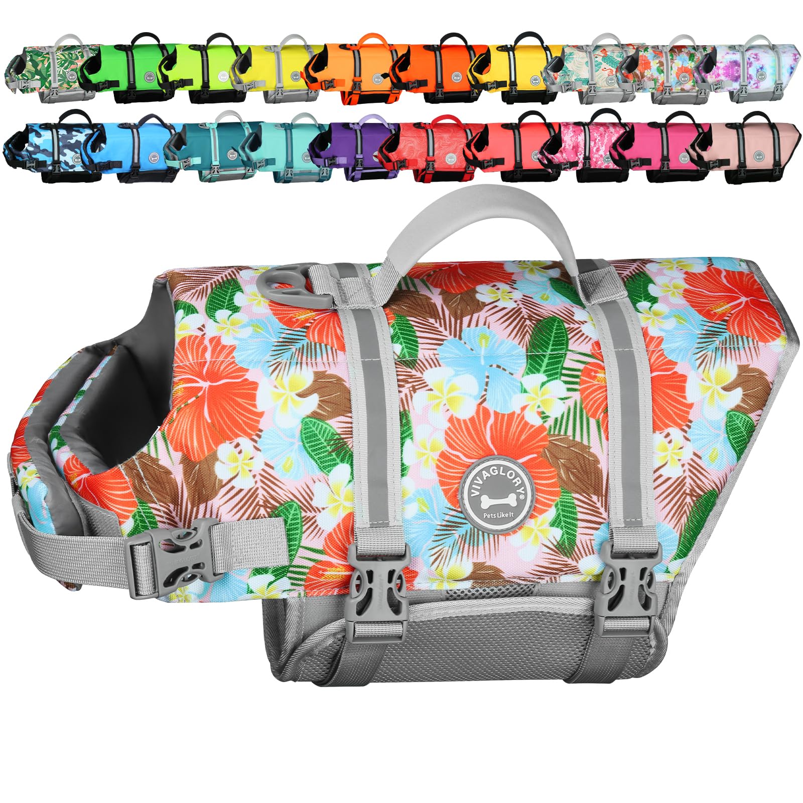 VIVAGLORY Rip Stop Dog Life Jacket, Buoyancy Aid with Handle, Buoyancy for Doggy, Dog Life Jacket for Swimming & Boating, XXS, Floral Orange