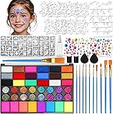 Water Activated Face Paint Professional Kit, Water Based Face Paint for Kids, 42 Color Non-Toxic Face Painting with 15 Stencils, Gems, Brushes,8 Tattoo Stencil for Christmas, Party, Carnival, Festival
