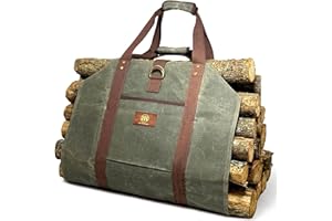 BB BY BARONE Log Carrier for Firewood Bag - 20oz Waxed Canvas wood carriers with Handles for Fire Logs storage- Fireplace and Campfire Accessories - Durable Waterproof Heavy-Duty Canvas Bag Carrier - Green