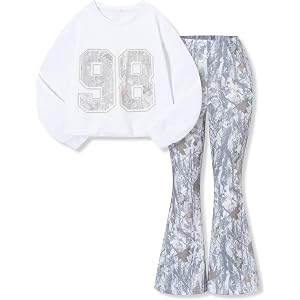 Azmxynol Tween Girls Clothes 2 Piece Outfit Long Sleeve Graphic Print Top + Flared Pants, Size 7-16 Years
