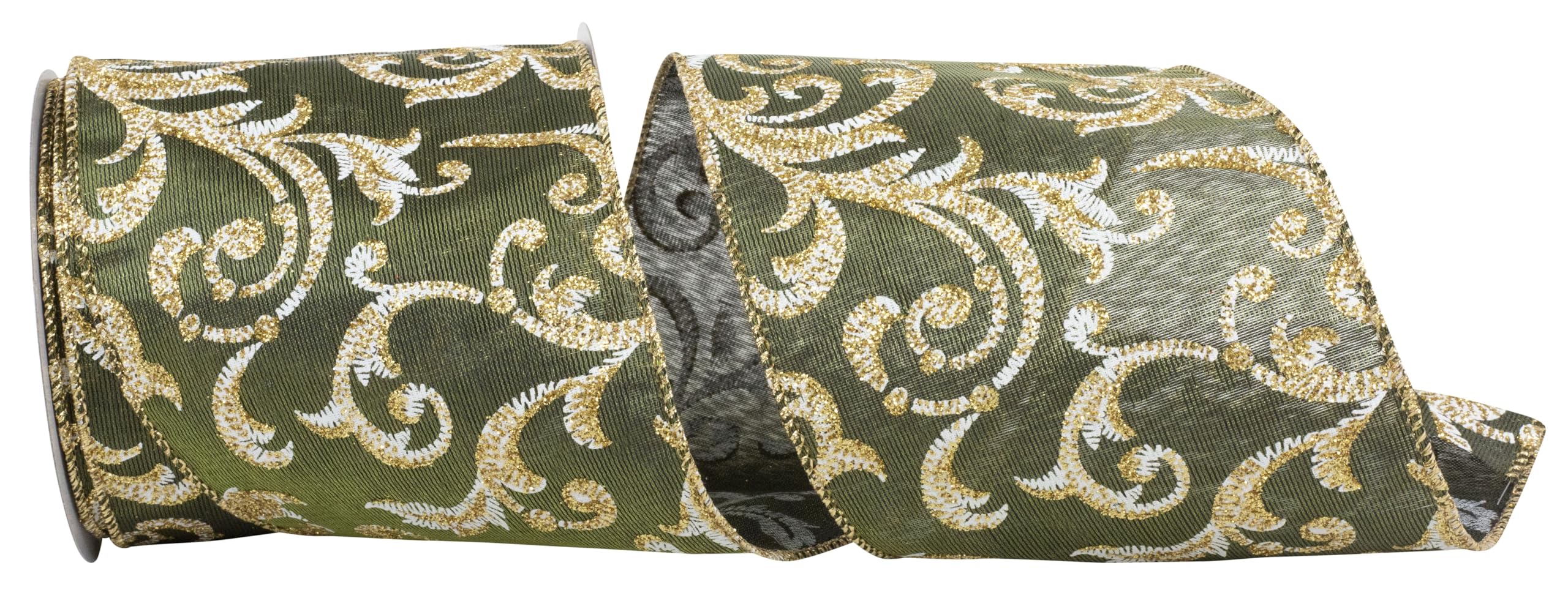 Photo 1 of Reliant Ribbon Scroll Filigree Glitter Iridescent Satin Wired Edge, Moss, 4 Inch, 10 Yards