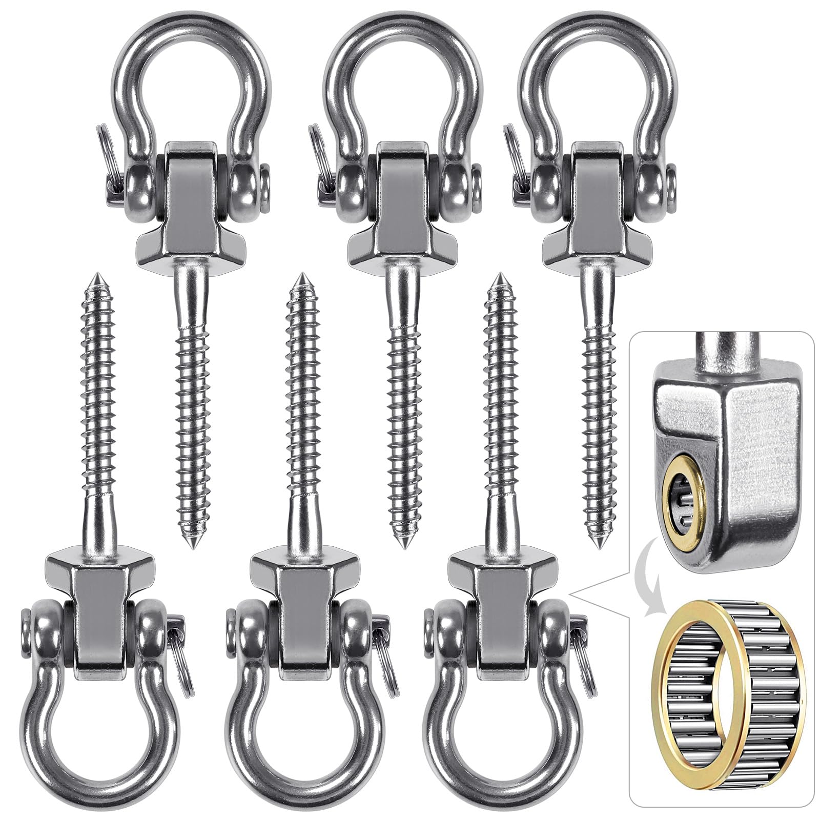 BeneLabel 6pcs Swing Hanger Bearing, Heavy Duty Hammock Hook Hanging Chair Eye Bolt Screw 127mm Swivel Ceiling Beam Mounting Bracket for Aerial Yoga/Punching Bag/Sandbag, 1500lbs