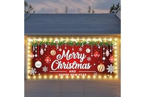 Vrainito 7x16ft Christmas Garage Door Cover with LED String Lights, 2025 Large Garage Door Christmas Decorations, Outdoor Lighted Banner, Merry Garage Mural (Ornaments)
