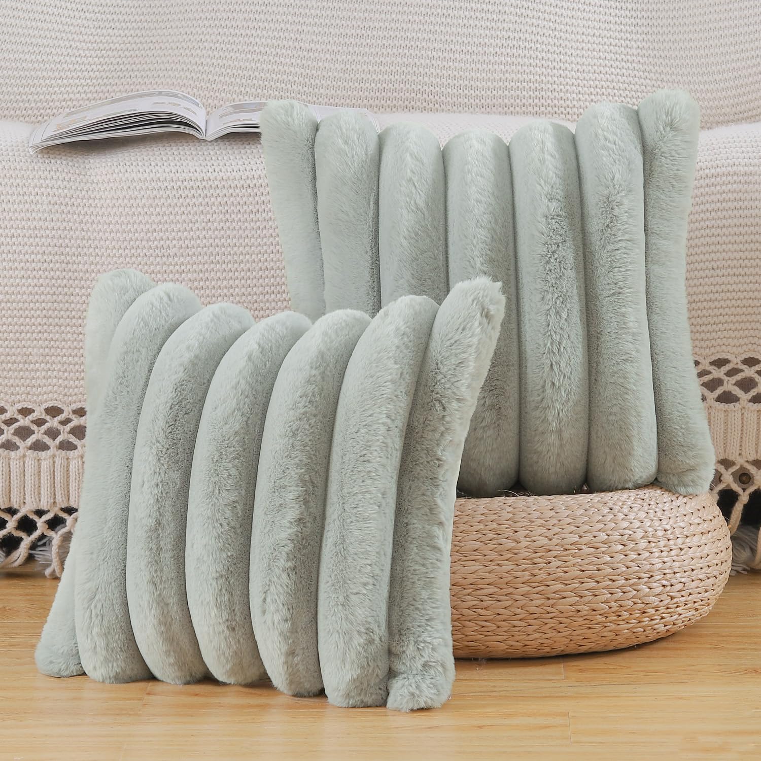 Madizz Plush Faux Fur Throw Pillow Covers 20x20 inch, 50x50 cm Grey Set of 2 Fluffy Striped Soft Decorative Cushion Cover for Sofa Bedroom Pillow Shell — image 1