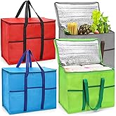 Foraineam 4 Pack Insulated Reusable Grocery Shopping Bags, Foldable Cooler Bag Food Delivery Bags with Hard Bottom Insert and Zippered Top, Stands Upright, Cooler Totes for Hot or Cold Food Transport