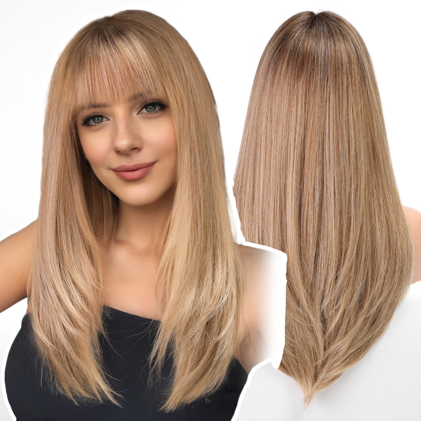 WOKESTAR Long Straight Wigs for Women with Fringe, Layered Synthetic Ash Blonde with Dark Roots Color Wigs for Women — image 1