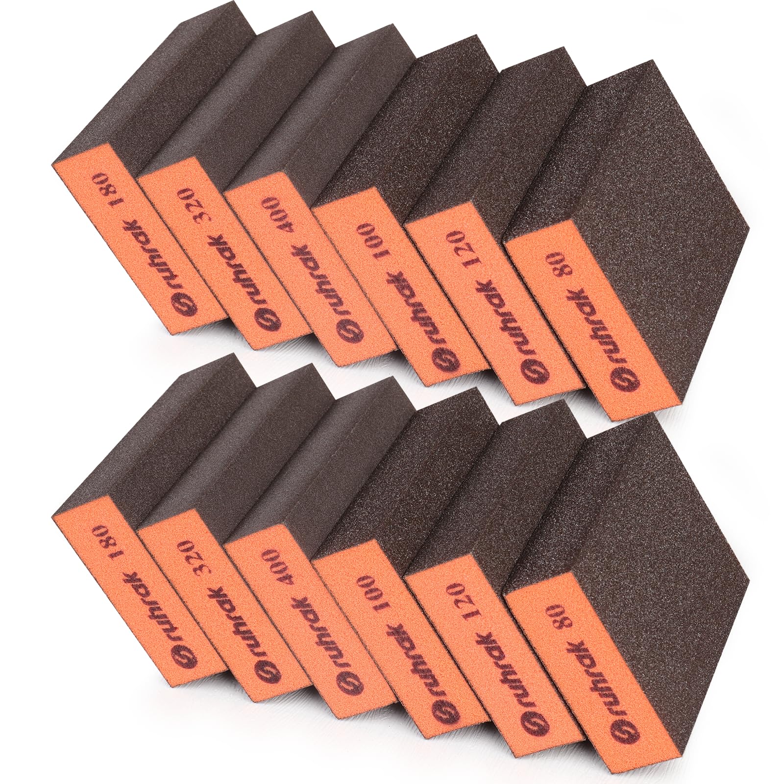 Sruhrak Sanding Block 12 Pieces Hard Sanding Sponges, 80/100/120/180/320/400 Grits Wet Dry Reusable Sanding Pads for Wood, Plastic, Drywall and Metal Polis（Two Pieces per Grits）