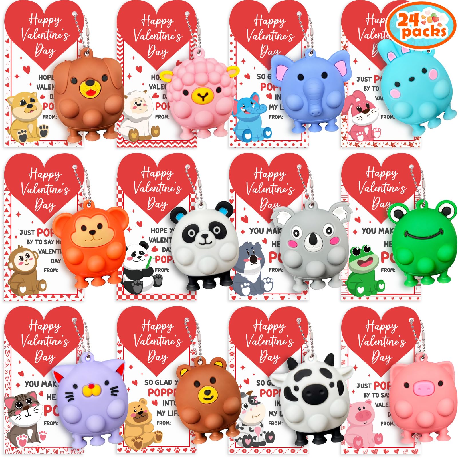 Photo 1 of 24PCS Valentines Day Cards for Kids School Classroom with 3D Animal Pop Suction Toys Valentine Day Exchange Gifts Bulk Fidget Toys for Toddlers Boys Girls Valentine's Party Favors Goodie Bag Stuffers