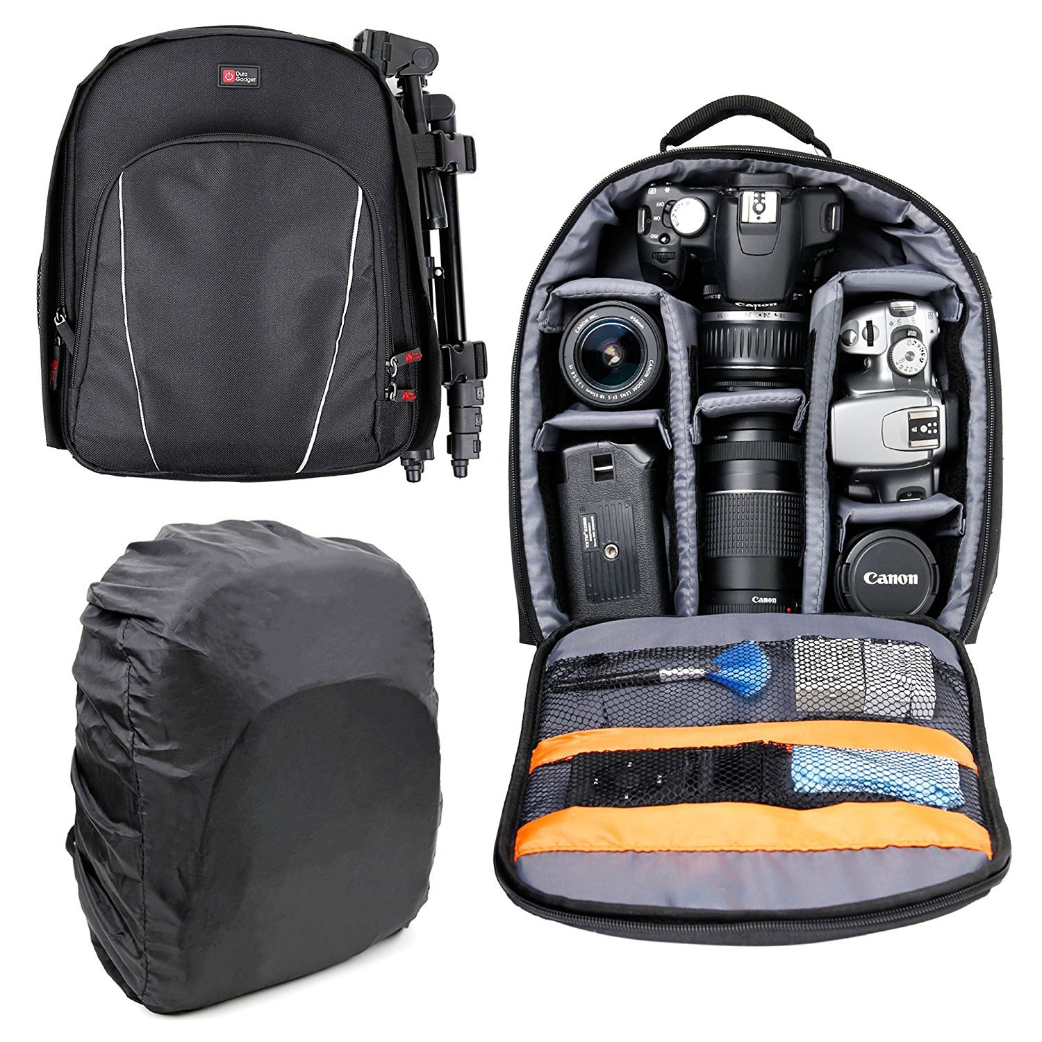 DURAGADGET Black Water-Resistant Backpack with Customisable Interior & Raincover - Compatible with the Wolder Micam Xport 4FUN
