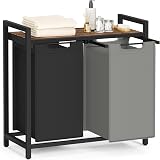 VASAGLE 2-Compartment Laundry Hamper with Shelf, Pull-Out Liners, Rustic Brown