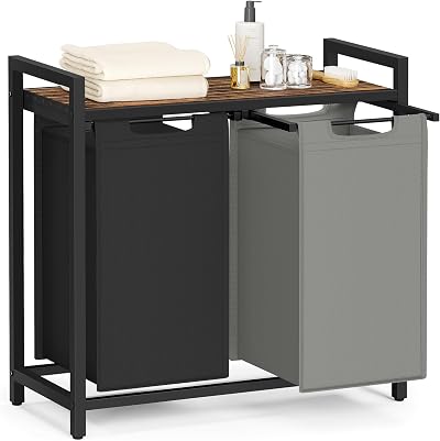 VASAGLE 2-Compartment Laundry Hamper with Shelf, Pull-Out Liners, Rustic Brown
