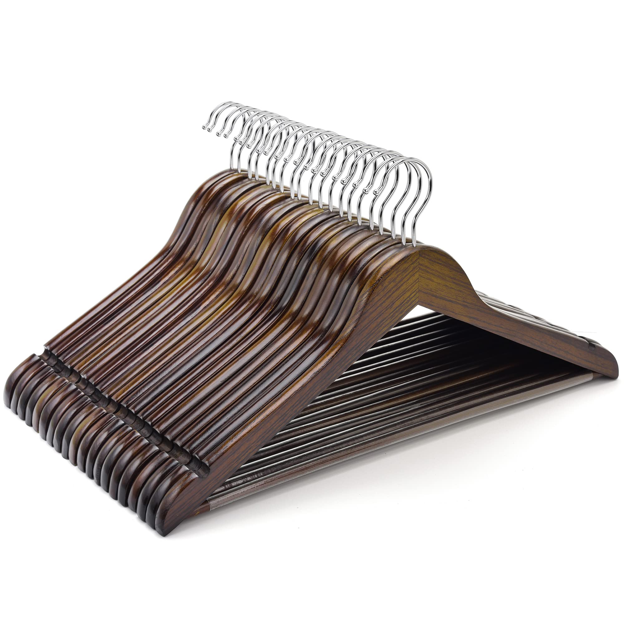 Amber Home 44.5cm Antique Wooden Coat Hanger 10pcs, Space Saving Retro Wood Clothes Hanger with Non Slip Pants Bar and Shoulder Notches, Brown Suit Hangers Racks for Jacket Dress Blouse Shirt Trousers