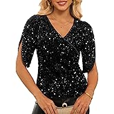 GRACE KARIN Womens 3/4 Length Sleeve Sequin Tops V Neck Velvet Ruched Blouses 2026 Glitter Trendy Party Outfit