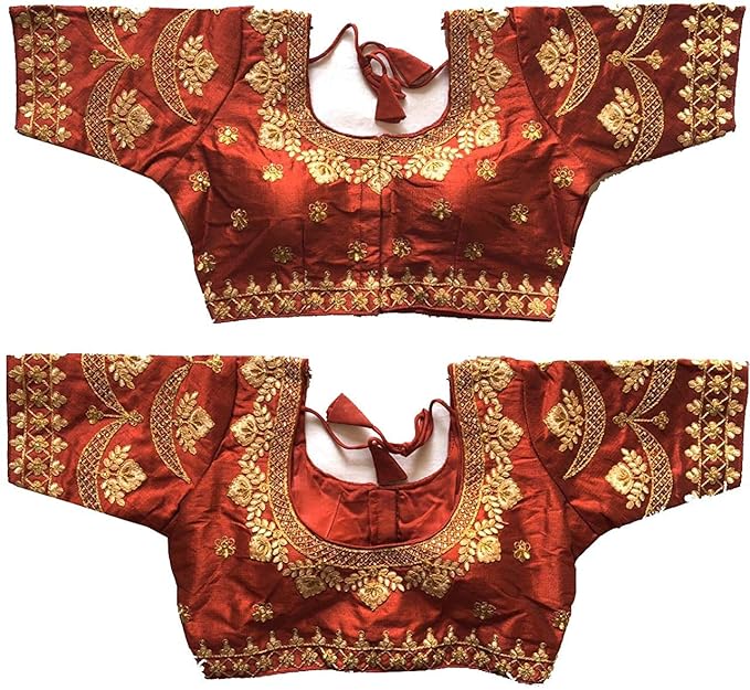 Women's Green Colour Round Neck Front Back Floral Embroidery and Handwork Gold thread Silk Readymade Blouse For Saree and Lehenga Choli