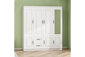 GraceGrove Wardrobe Closet with Mirror and 2 Drawers, Armoire Wardrobe Closet with 4 Doors and Hanging Rods, Wood Armoire Closet Cabinet with Large Storage, Armoires and Wardrobes for Bedroom White