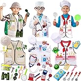 Sratte 3 Sets Kids Dress up Clothes for Boys Girls, Explorer Doctor Chef Role Play Outfits with Hats Accessories, Toddlers Dress up Costumes for Ages 3–7