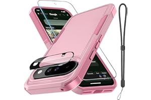 RMOCR for Google Pixel 10 & Pixel10 Pro Case with Wrist Lanyard Strap+Tempered Glass Screen Protector+Camera Lens Cover,Full Body Heavy Duty Rugged Shockproof Protective Phone Cover,Cute Pink