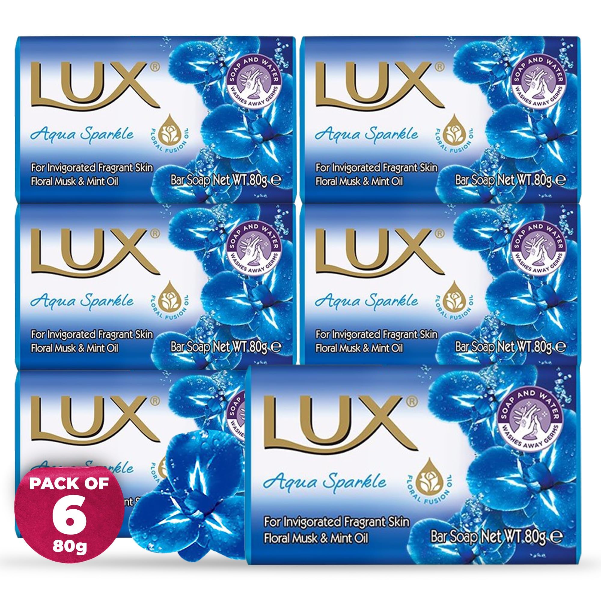 LUX Aqua Sparkle Soap Bar, Floral Musk & Mint Oil, For Invigorated Fragrant Skin, 80g (6 Pack)