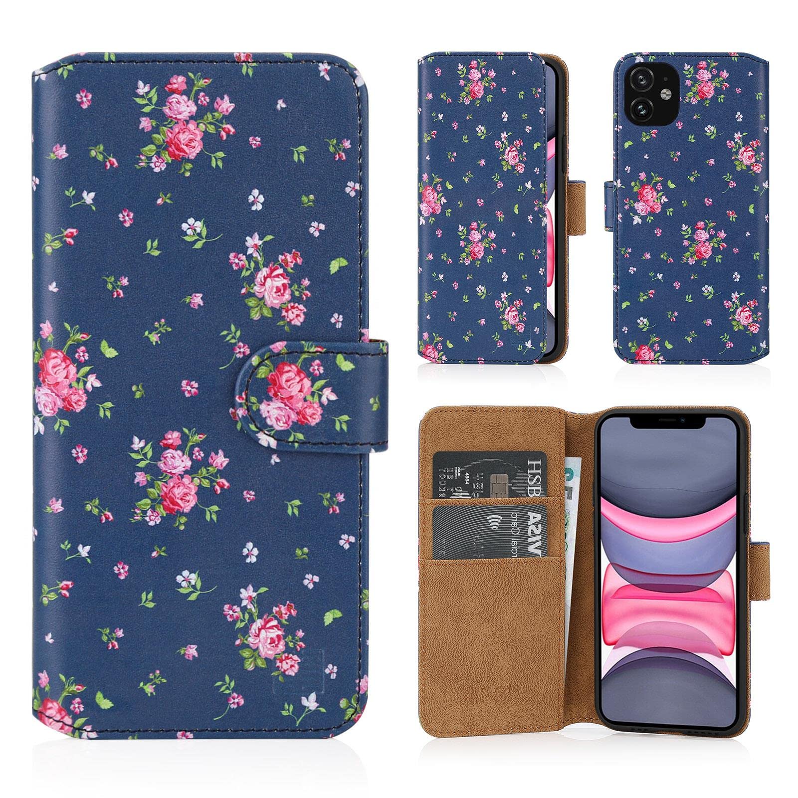 32nd Floral Series 2.0 - Design PU Leather Book Wallet Case Cover for Apple iPhone 11 (6.1"), Designer Flower Pattern Wallet Style Flip Case With Card Slots - Vintage Rose Indigo — image 1