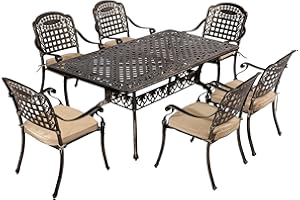 TITIMO 7 Piece Cast Aluminum Patio Dining Set, Outdoor Dining Furniture Patio Table and Chairs Set with 6 Outdoor Stackable Chairs & 1 Rectangle Dining Table for Backyard Garden Deck